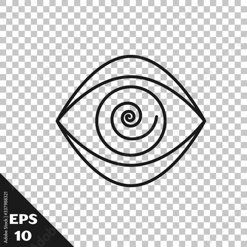 Black line Hypnosis icon isolated on transparent background. Human eye with spiral hypnotic iris. Vector Illustration