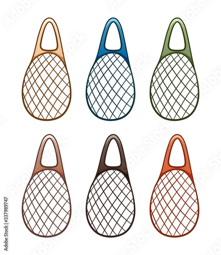 Colored textile mesh ecobags set isolated illustration on white background