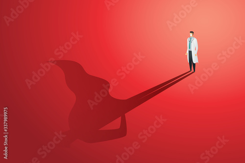 Doctor and professional superhero shadow on floor, fight virus. Character set. Vector illustration