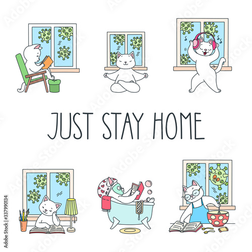 Just Stay Home. Virus prevention illustration. Doodle illustration of cute cats staying at home. Vector 8 EPS.
