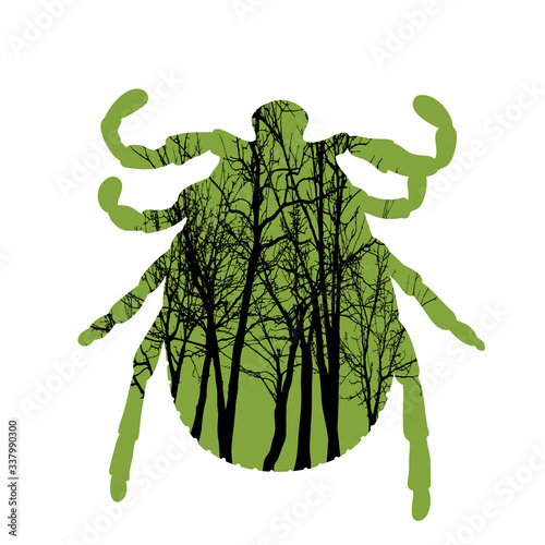 Vector silhouette of tick with trees on background. Symbol of insect.