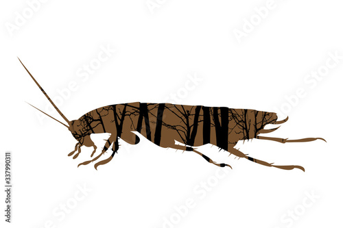 Vector silhouette of cockroach with trees on background. Symbol of insect.