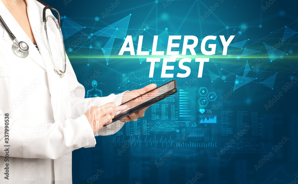 doctor writes notes on the clipboard with ALLERGY TEST inscription, medical diagnosis concept doctor writes notes on the clipboard with ALLERGY TEST inscription, medical diagnosis concept