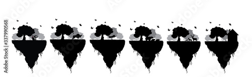 Collection of vector silhouette of piece of land with trees and different animals on white background. Symbol of nature and planet.