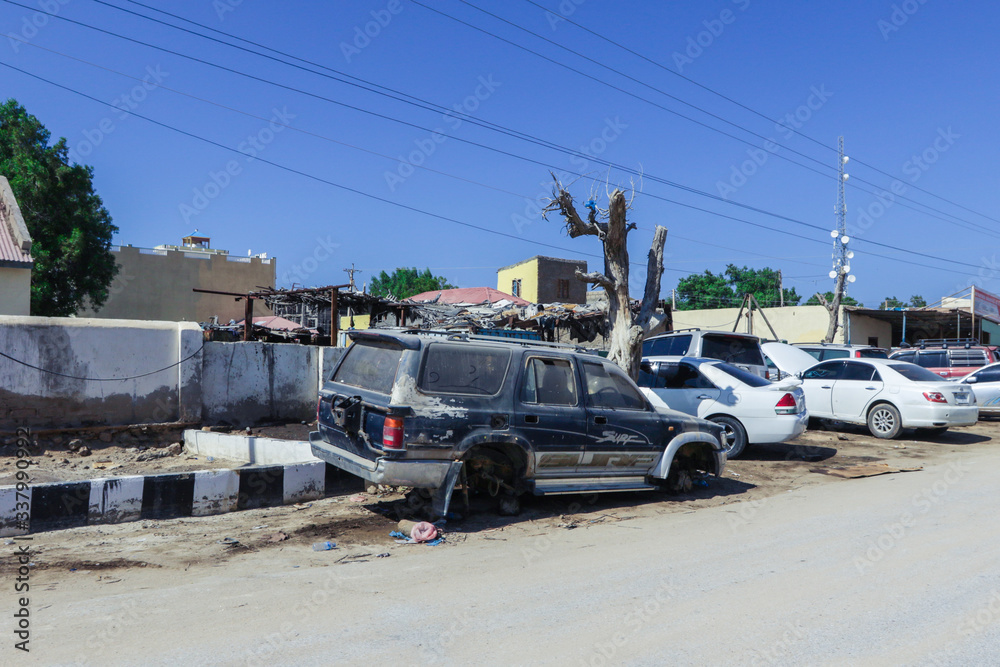 Berbera, Somaliland - November 10, 2019: Cars on the Petrol Station in the City 