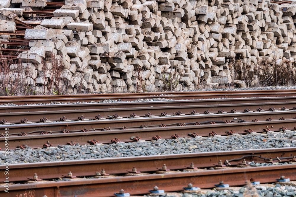 Rail tracks and piled railroad ties