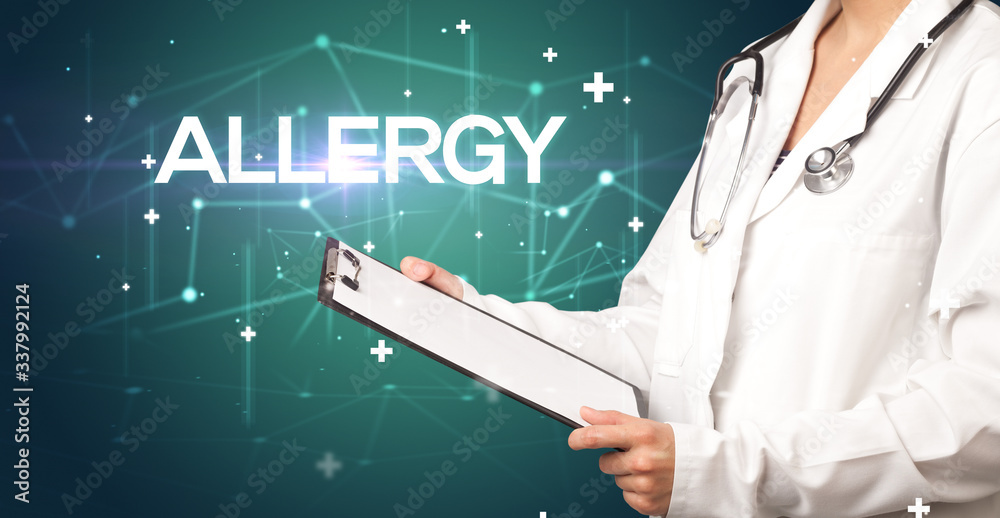 Doctor fills out medical record with ALLERGY inscription, medical concept Doctor fills out medical record with ALLERGY inscription, medical concept