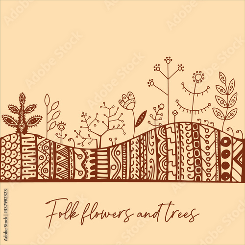 Set of folk flowers and trees. Doodle hand-draw illustrations in vector. Design for background, packaging, weddings, fabrics, textiles, wallpaper, website, postcards.