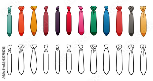 Colored and outline style neckties with different knots set on white background