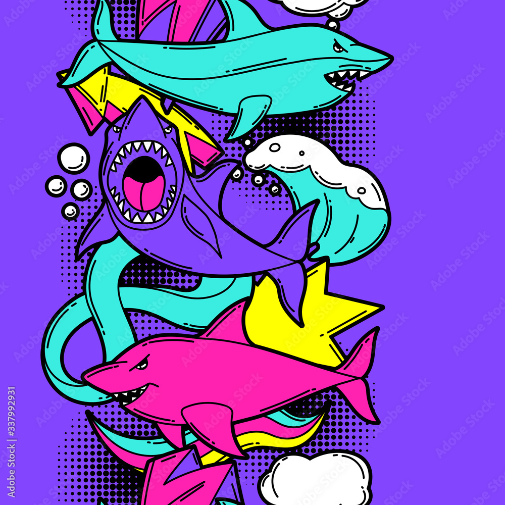 Obraz premium Seamless pattern with cartoon sharks. Urban colorful teenage creative background.