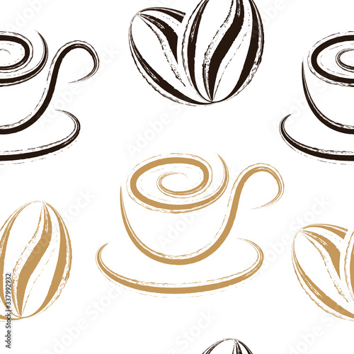 Grunge coffee beans and coffee cups seamless background isolated on white. Grunge coffee pattern