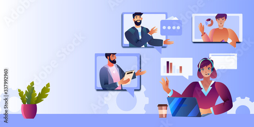 Online training concept with female and male characters, home plants, messages, gears and laptop. Virtual communication and teamwork banner with copy space. 