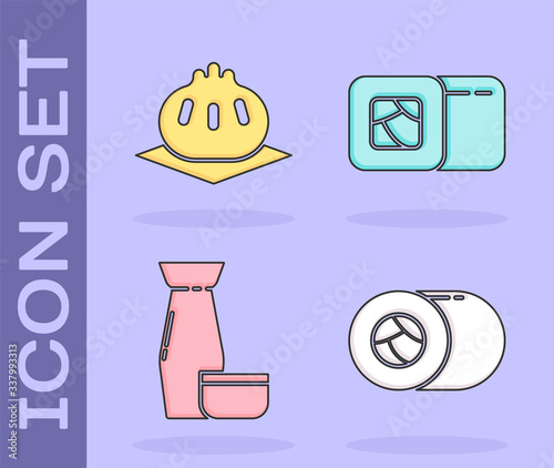 Set Sushi, Khinkali on cutting board, Traditional Japanese tea ceremony and Sushi icon. Vector