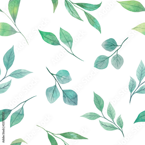 Watercolor seamless pattern of green twigs isolated on a white background