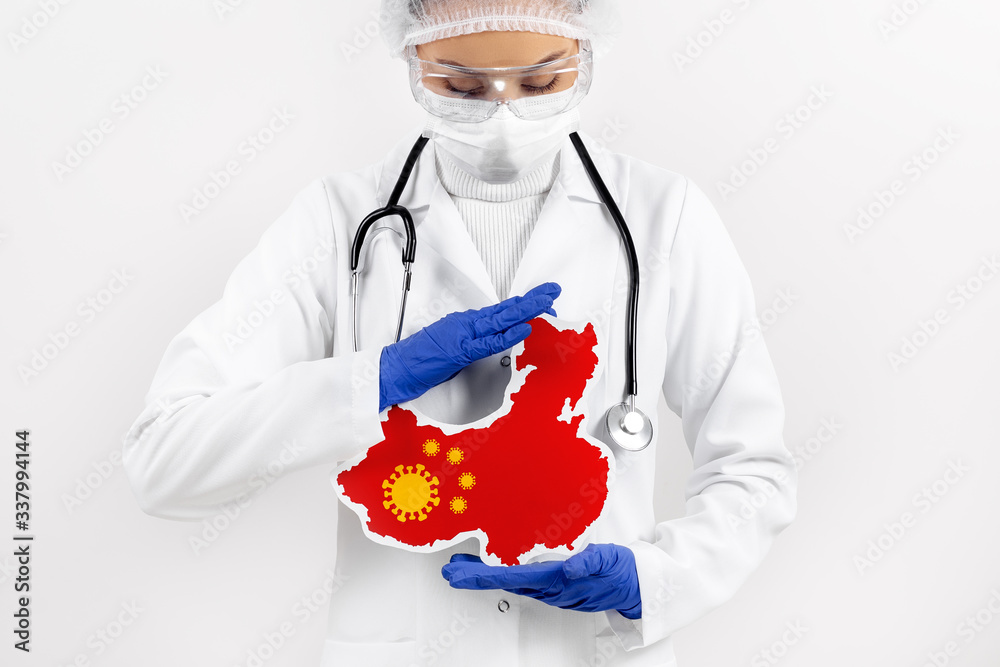 Doctor or nurse holding China map and flag. Coronavirus outbreak and pandemic concept. 2019-nCoV. Doctor or nurse holding China map and flag. Coronavirus outbreak and pandemic concept. 2019-nCoV.