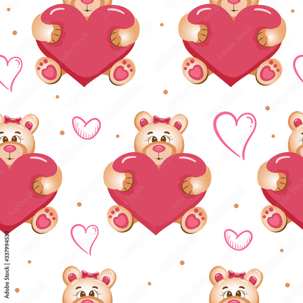 Cute cartoon teddy bear seamless pattern with doodle hearts isolated on white. Perfect for vakentine, wedding design and for wallpapers