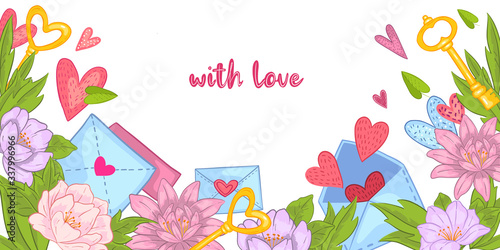 Vector hand drawn banner with flowers, leaves, hearts, keys and envelopes. Valentine’s Day poster with space for your text. Floral background for invitations, advertisements, polygraphy elements.