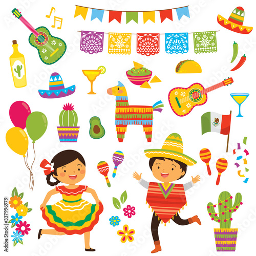 Cinco de Mayo clipart set with people in traditional Mexican costumes and a collection of the holiday symbols