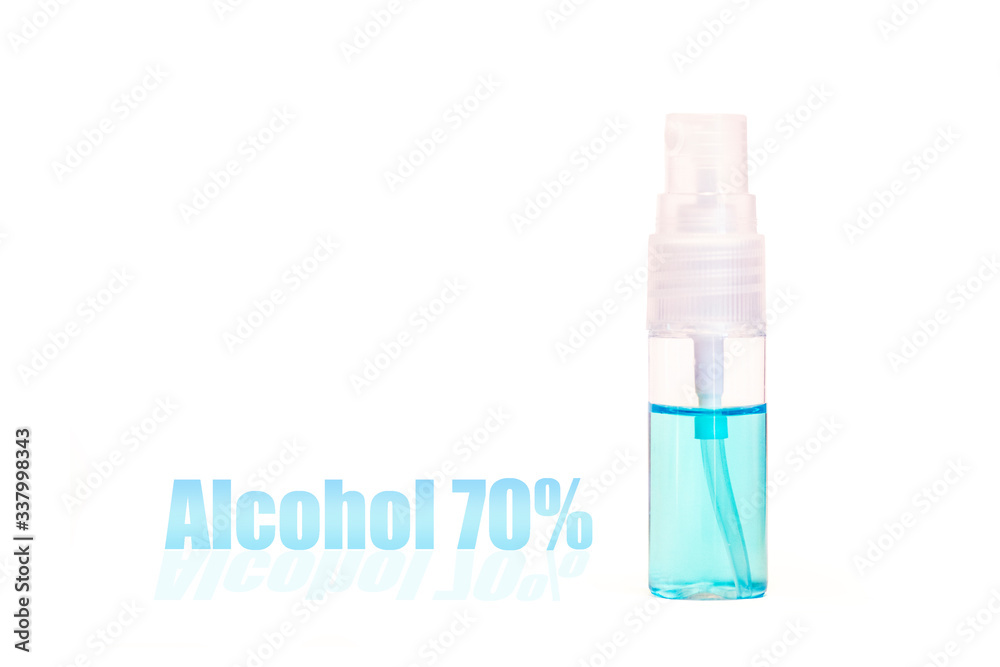 A small plastic bottle of spraying alcohol to spray to any surface for hygiene germ protection. It's convenience to bring to everywhere. A bottle on white background with copy space. A small plastic bottle of spraying alcohol to spray to any surface for hygiene germ protection. It's convenience to bring to everywhere. A bottle on white background with copy space.