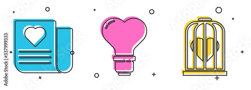 Set Envelope with Valentine heart, Heart shape in a light bulb and Heart in the bird cage icon. Vector