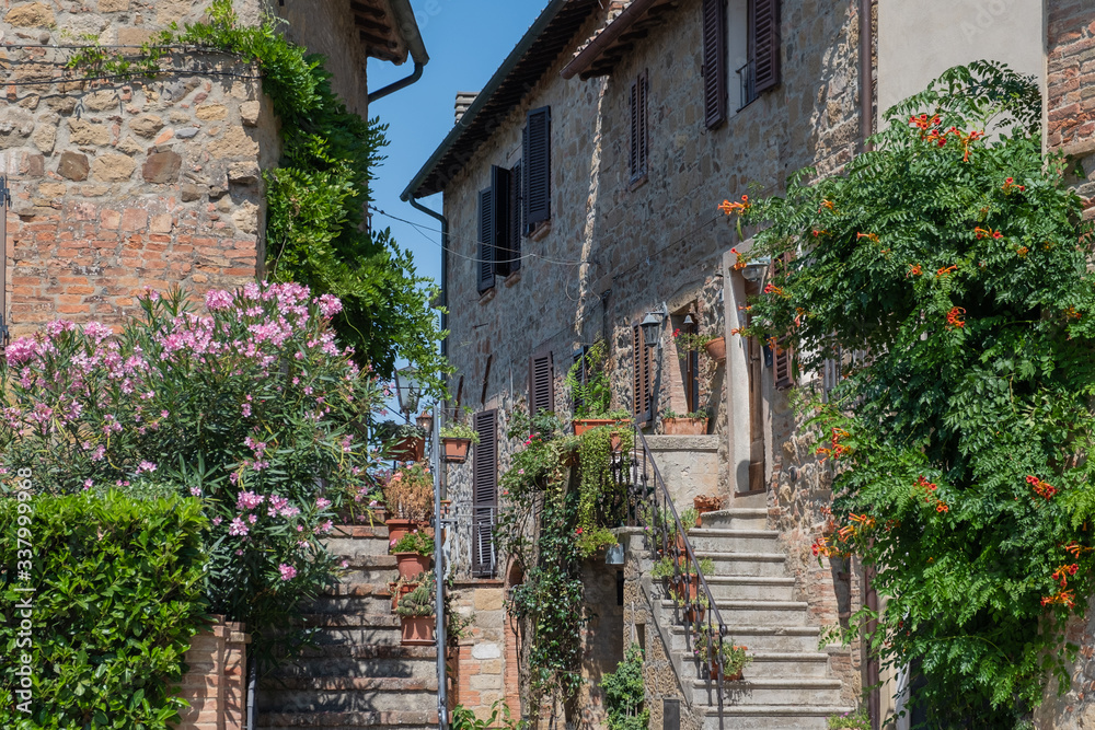 stairs with pots of red flowers on the street in village in Tuscany