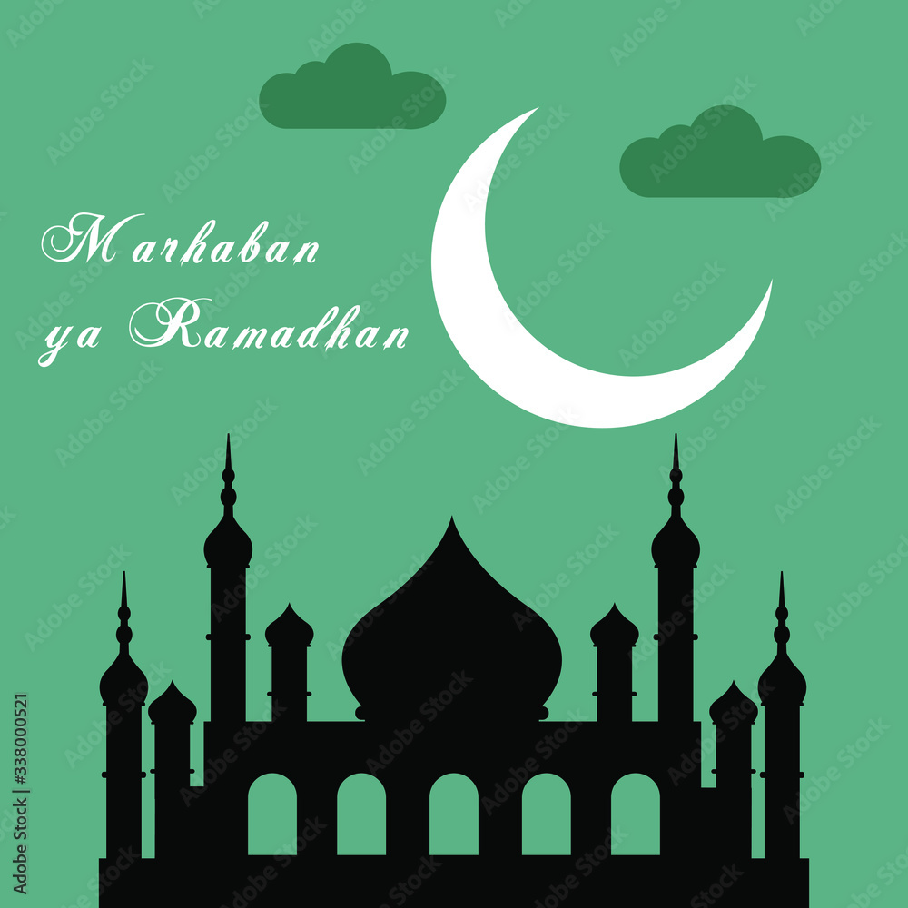 Ramadan Kareem Greeting Card. Social Media post template  with Mosques silhouettes
