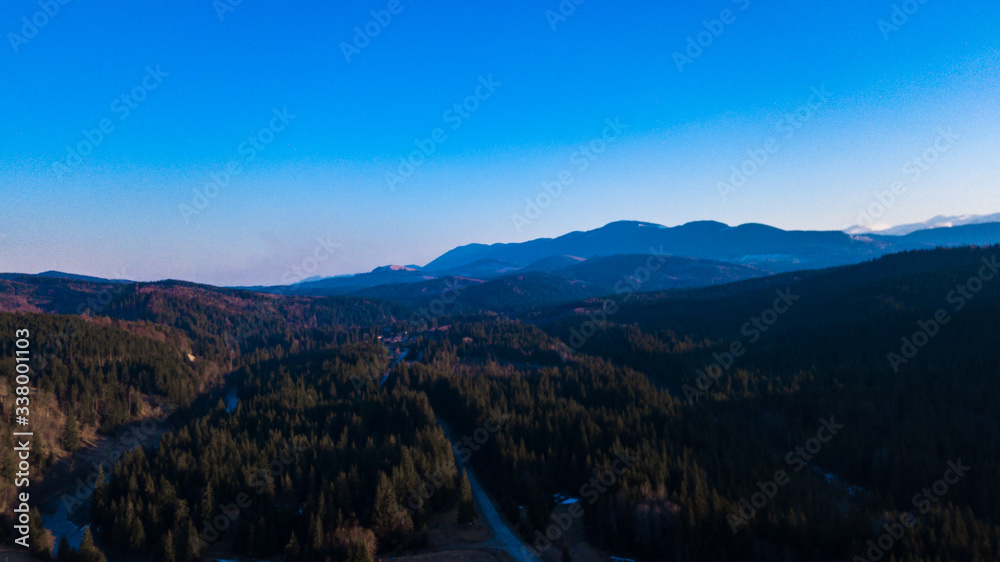 Fototapeta premium Carpathian mountains landscape pine forest needles aerial photography.