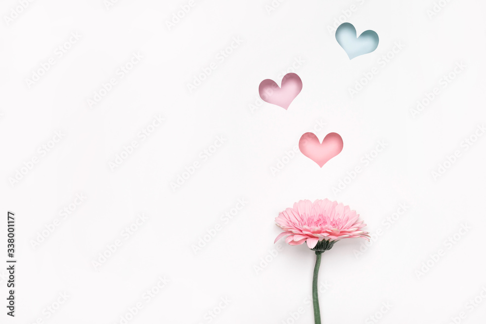 Naklejka premium Elegancki kwiat gerbera i kolorowe dziury w serduszka. Minimalna kreatywna sztuka papieru. Kartkę z życzeniami szczęśliwego dnia matki, dnia kobiet lub walentynek