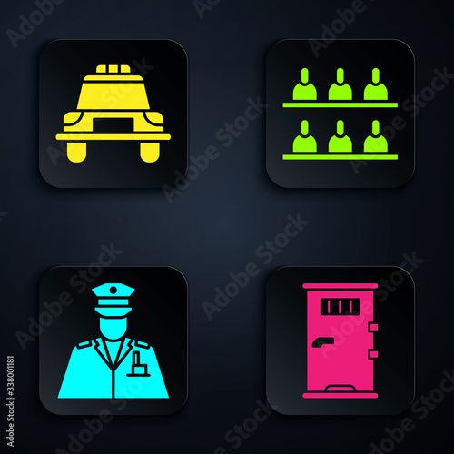 Set Prison cell door, Police car and flasher, Police officer and Jurors. Black square button. Vector