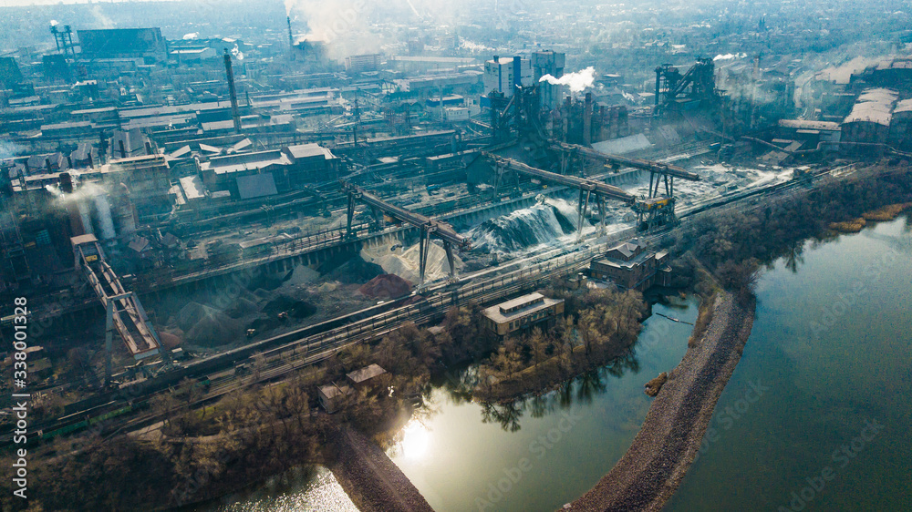 metallurgical production plant full cycle smoke from pipes bad ecology aerial photography