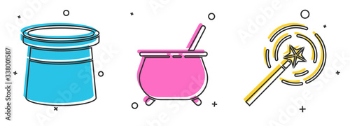 Set Magician hat, Witch cauldron and Magic wand icon. Vector