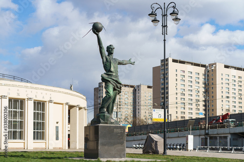 Subway station Rizhskaya exterior. No people. Coronavirus pandemic lifestyles. Concepts  - stay home, save live. Monument to The creators of the first Earth satellite