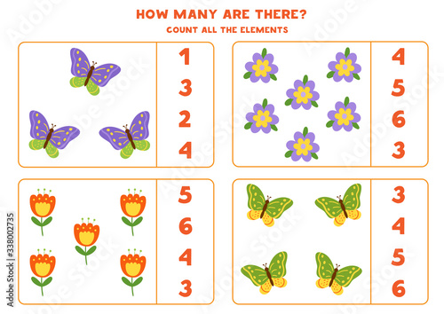Counting game for kids. Count the number butterflies and flowers.