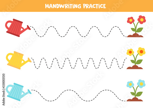 Tracing lines with watering can and flowers. Handwriting practice.