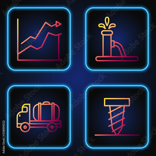 Set line Rotating drill digging a hole, Tanker truck, Oil price increase and Oil pump or pump jack. Gradient color icons. Vector