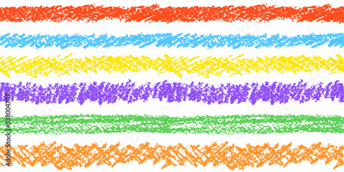Crayon hand drawing artistic border or seamless stripe pattern. Colorful pastel chalk or pencil art strokes set. Like child`s drawn design elements. Vector grunge texture lines background.