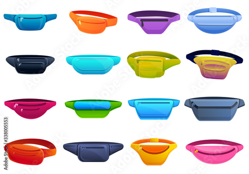 Waist bag icons set. Cartoon set of waist bag vector icons for web design