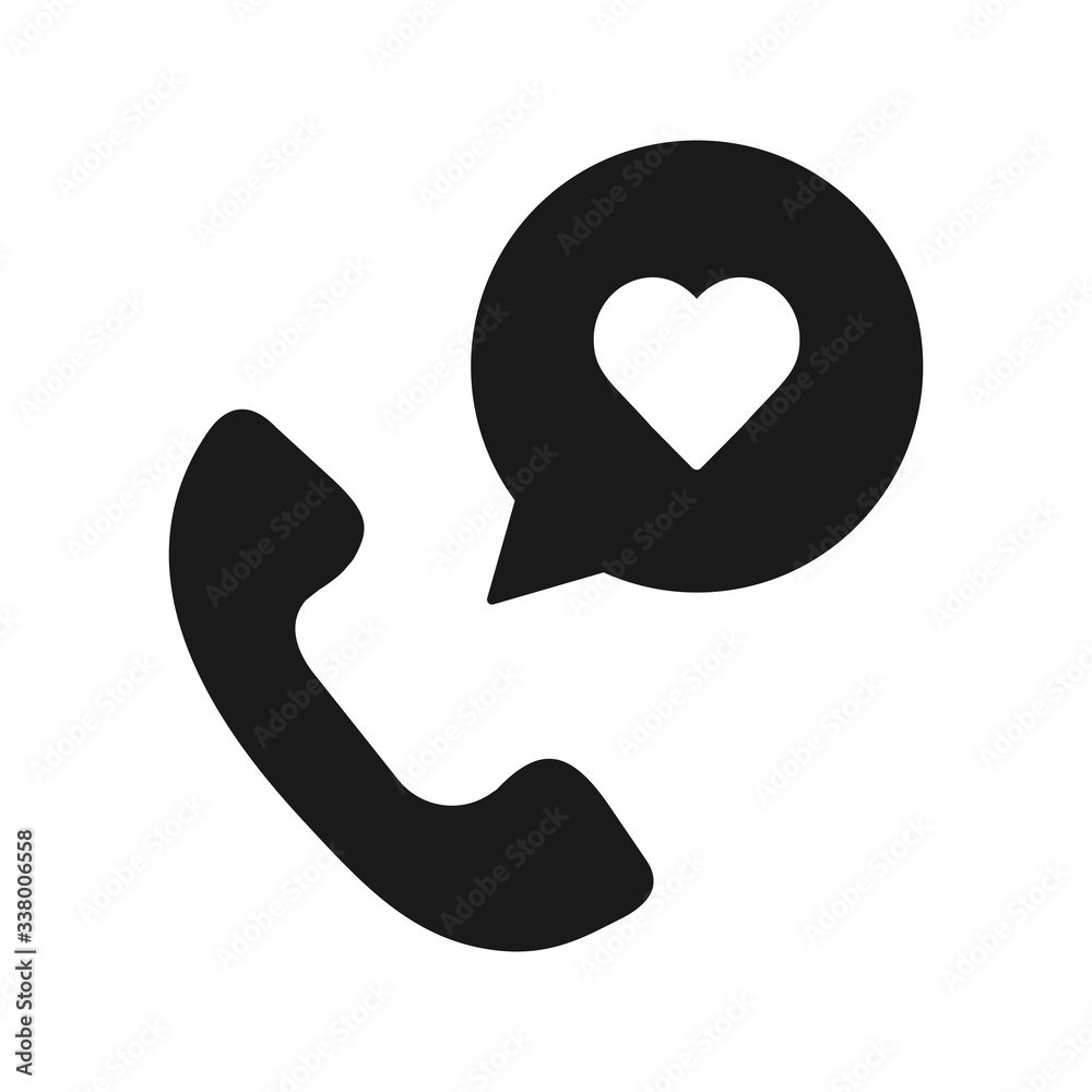 Phone with speech bubble with heart thin, icon on white background Phone with speech bubble with heart thin, icon on white background