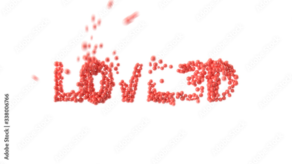 Word Love3D made out of shiny spheres on white background. Valentine's Day. 3D rendering.