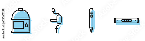 Set line Pencil with eraser, Paint bucket, Hand drill and Construction bubble level icon. Vector