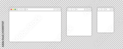 Browser window isolated vector web elements transparent background. Design template with browser window for mobile device design. Blank template. Mockup for web site design.