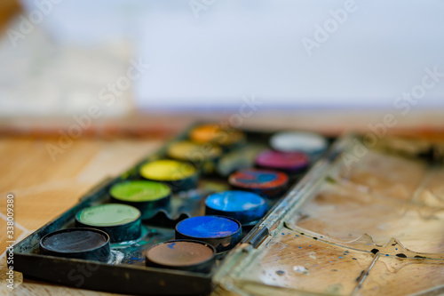 Watercolor palette that are being used for painting at home.