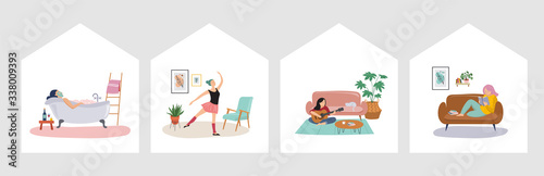 Quarantine, stay at home concept series - people sitting at their home, room or apartment, practicing yoga, enjoying meditation, relaxing on sofa, reading books, baking and listening to the music