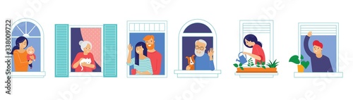 Stay at home, concept design. Different types of people, family, neighbors in their own houses. Self isolation, quarantine during the coronavirus outbreak. Vector flat style illustration stock