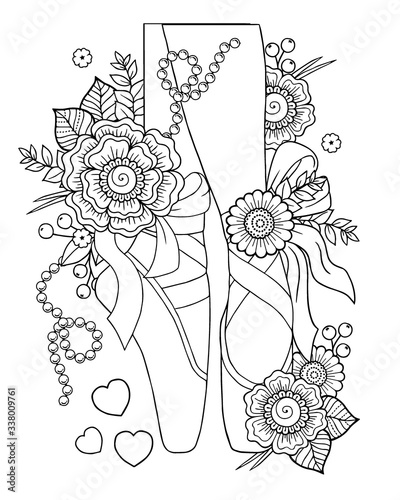 Black and white outline vector coloring book for adults. Ballerina legs in pointe shoes among stylized flowers