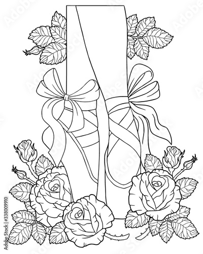 Black and white outline vector coloring book for adults. Legs of a ballerina in pointe shoes among the flowers of roses with thorns