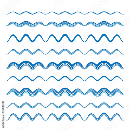 Blue wave patterns, set of simple wavy borders, curvy divider lines on white 