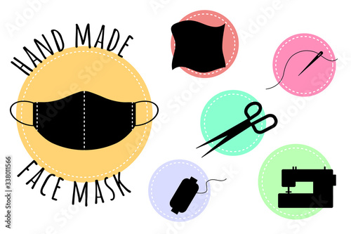 Hand made medical face mask.Sew the mask yourself.Items that are needed for sewing a protective face mask yourself.Needle and thread, spool of thread, fabric, sewing machine, scissors.Vector