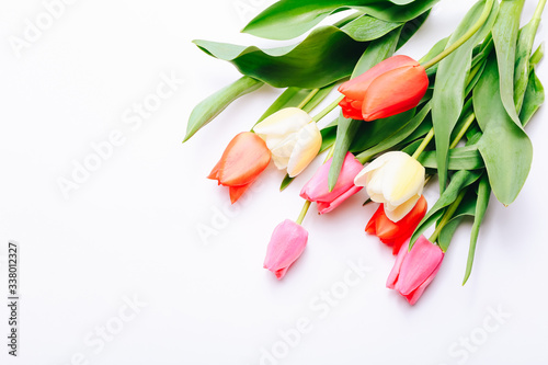 Beautiful tulips in bouquet lying on white background, top view
