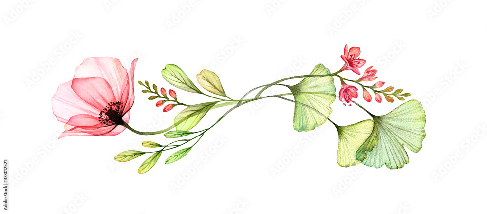 Watercolor floral arrangement. Horizontal design element. Abstract poppy flower with exotic fresia isolated on white. Botanical illustration for cards, wedding design, cosmetics